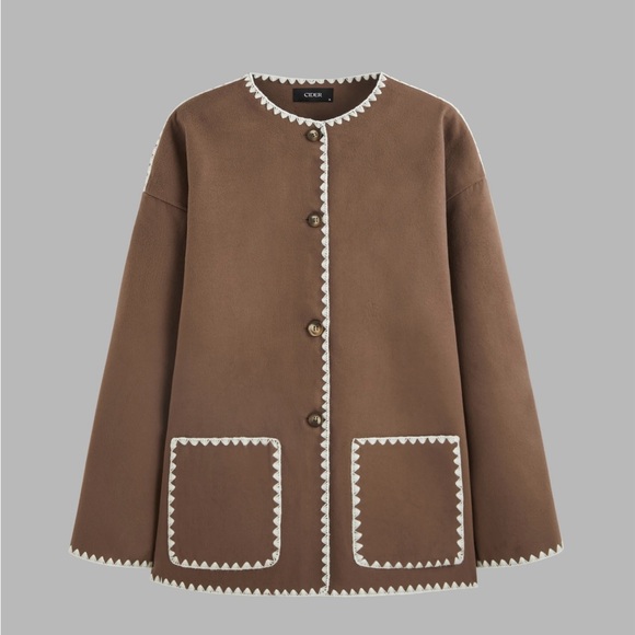 Trending Blogger Favorite Brown Contrast Stitching Jacket & Scarf - Picture 2 of 7